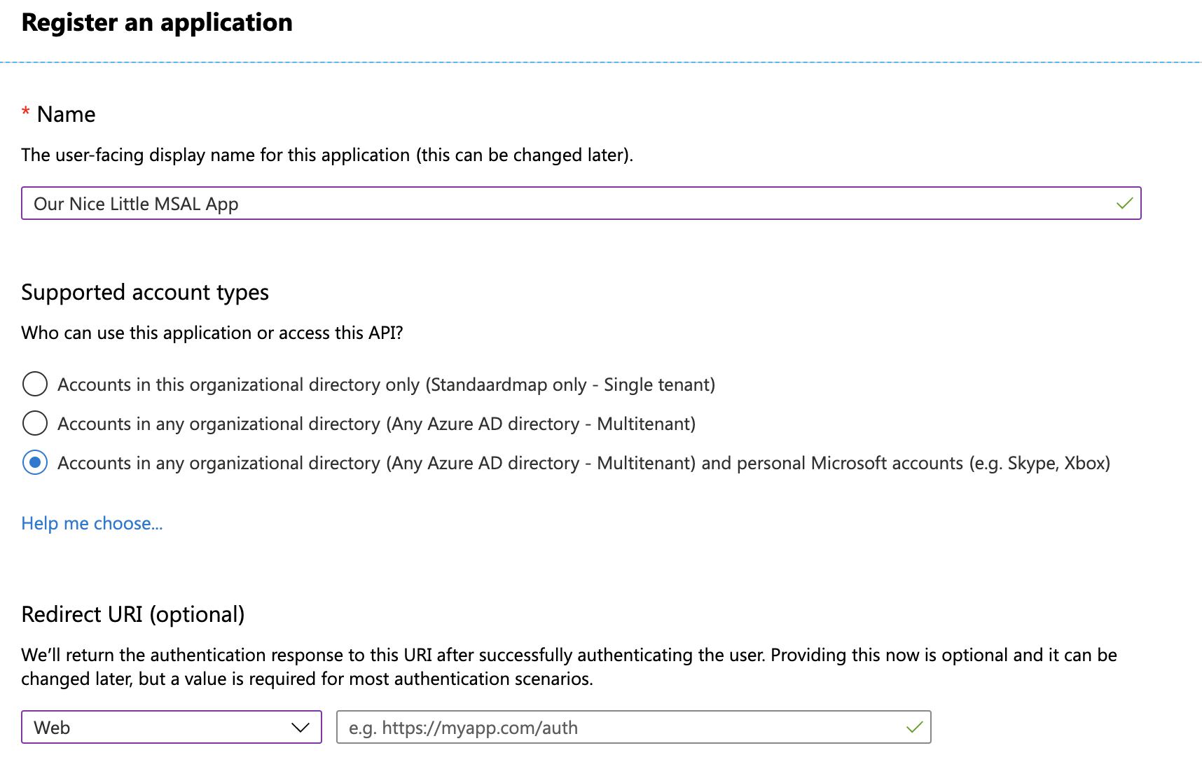 Creating a new app registration.