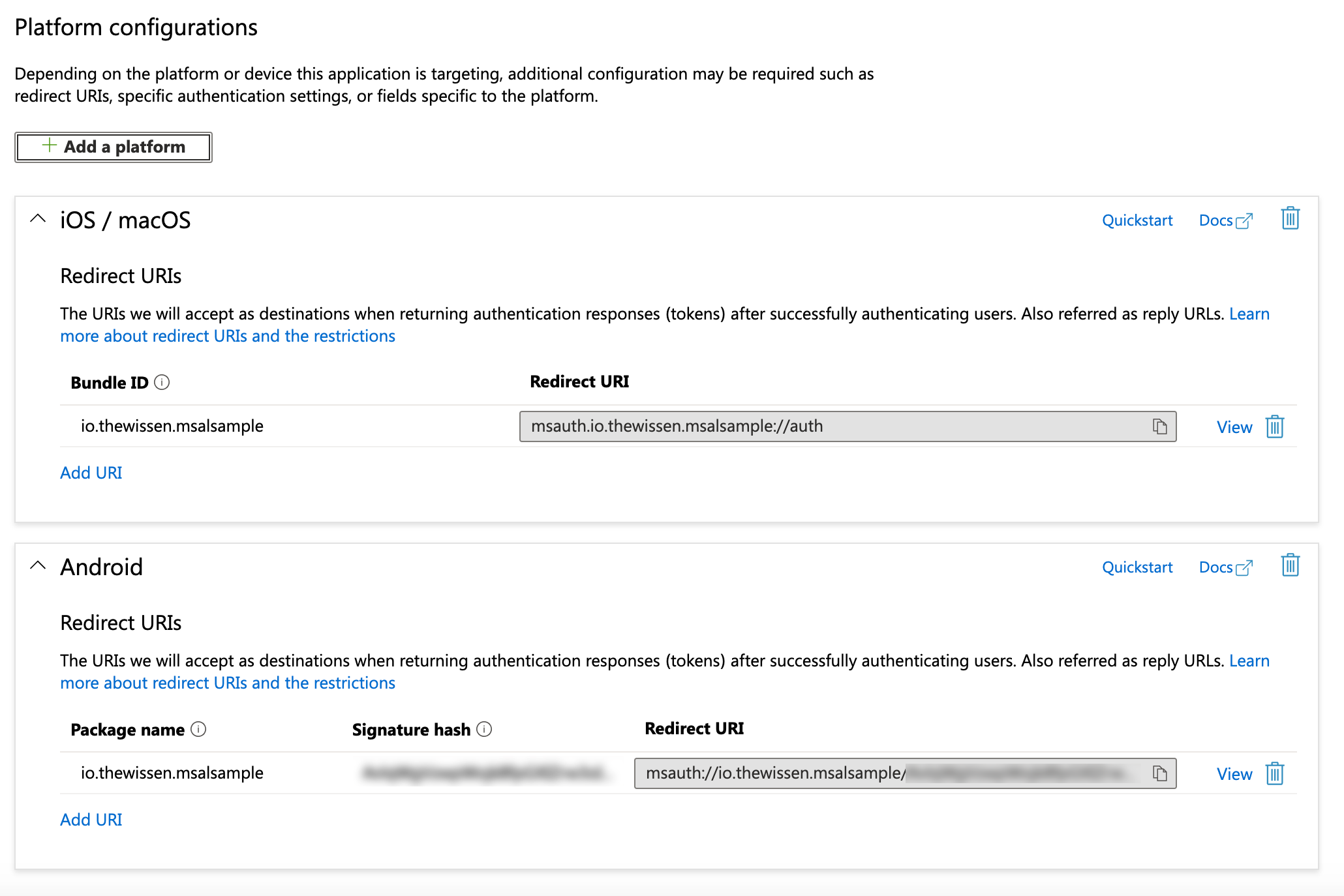 Creating two new redirect URI entries for iOS and Android.
